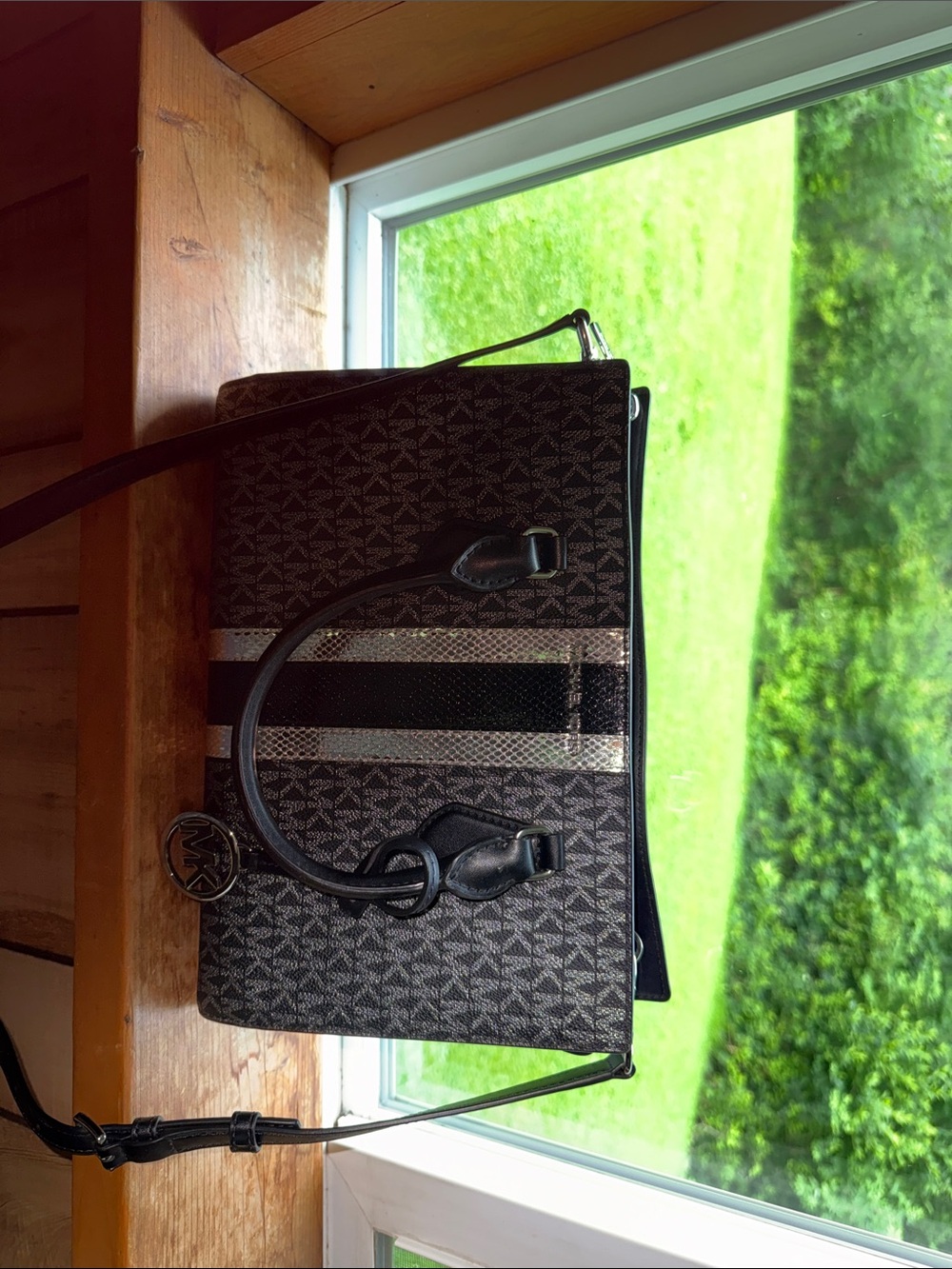 Michael Kors Black and Silver Signature Stripe Satchel